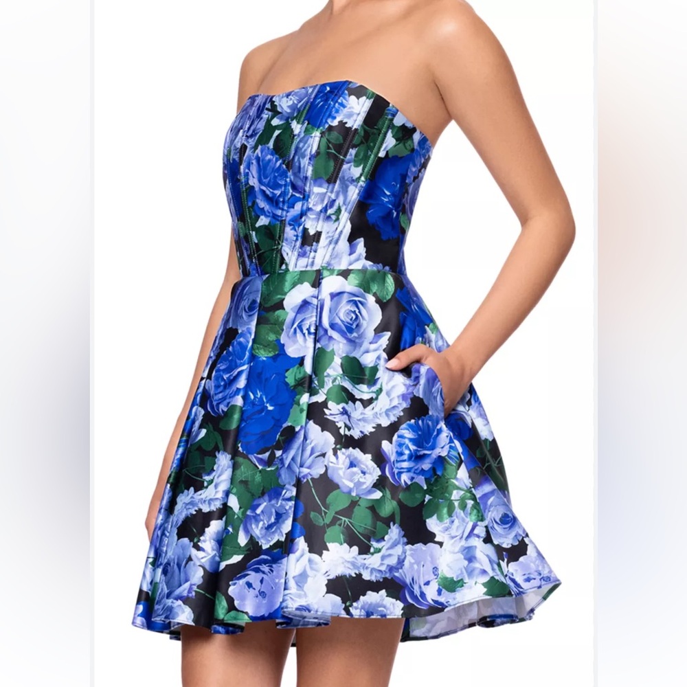 Blondie Nites “Aliyah” Satin Strapless Floral Fit & Flare Dress 💙🌸